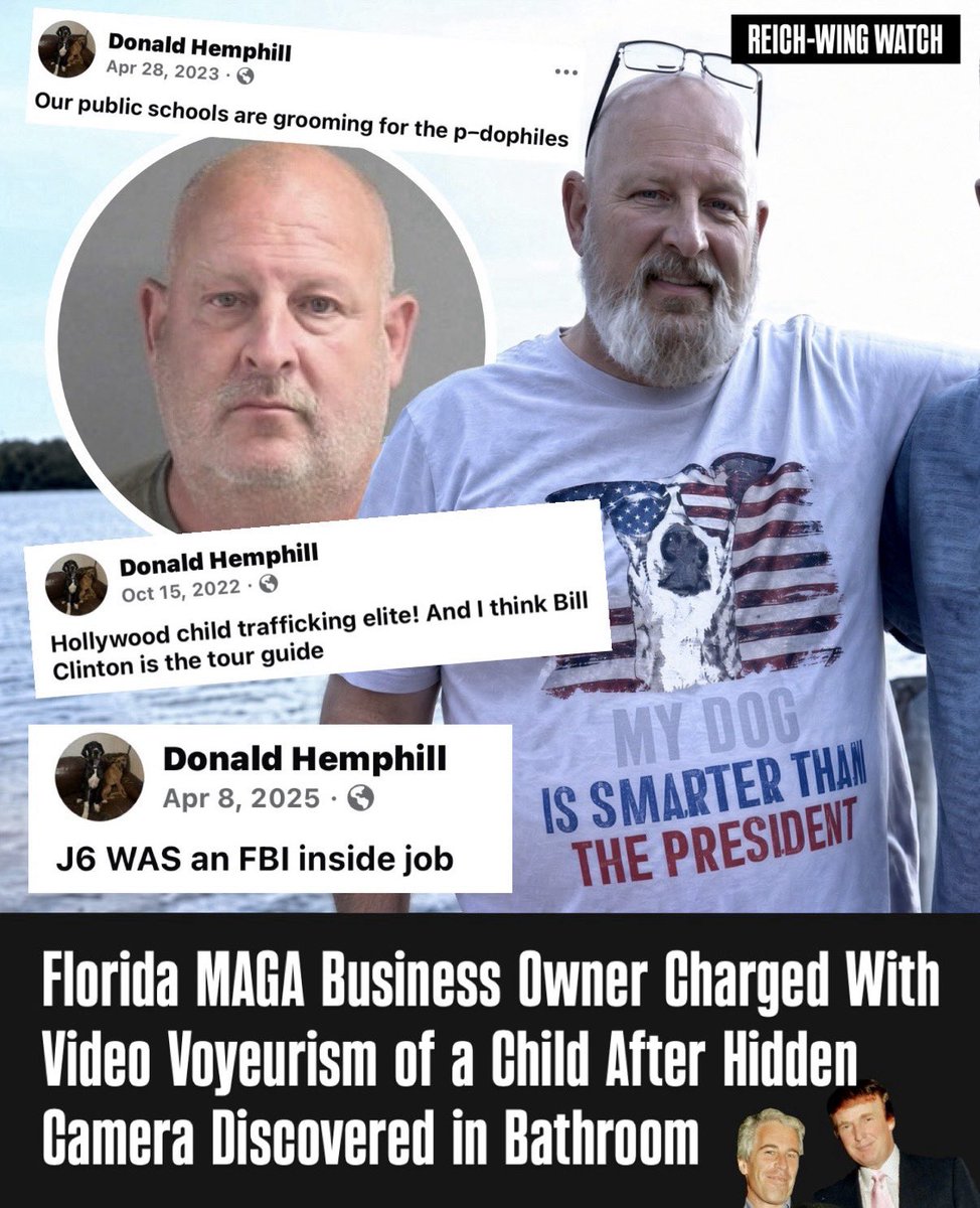 ReichWingWatch's tweet photo. 🚨A Florida Trump supporter who accused Democrats, Hollywood, and public school teachers of “grooming,” “trafficking” and “r*ping” children, Donald Hemphill, has been arrested for recording unsuspecting women and a child in the bathroom of his business and saving the files on his phone.

Hemphill, 59, owns Dog Dayz Inn near New Smyrna Beach, Florida. 

According to WFTV, employees found a hidden camera inside a bathroom electrical outlet at the business. Volusia Sheriff’s deputies responded September 6, and the Child Exploitation Unit executed a search warrant. 

Investigators say Hemphill admitted to installing the camera four to five months earlier. A search of his phone reportedly turned up video files of unknowing females in stages of undress — including one child.

Hemphill faces 10 counts of digital voyeurism and 11 counts of video voyeurism of a child. He is being held without bond at the Volusia County Branch Jail.

This is a man who spent years online screaming about p*dophiles. 

—April 2023: “Our public schools are grooming for the p*dophiles.” 

—October 2022: “Hollywood child trafficking elite! And I think Bill Clinton is the tour guide.” 

—December 2021, sharing a post defending Trump’s close relationship with Epstein: “Read it and understand who is protecting all the P*dophiles.”

He posted “Not one single person who paid to r*pe children on Epstein’s Island has been arrested,” mocked “libtards,” called BLM and union workers N*zi supporters, falsely claimed transgender people have a “mental illness,” and falsely claimed “8 out of the last 10 mass shooters were trans.” 

He’s called J6 “an FBI inside job” and blamed Democrats for a “child trafficking crisis” at the border.

He built a whole online persona around protecting kids from predators. 

Now he’s the one facing child voyeurism charges, allegedly filming women and a minor in his own business bathroom.

Why does this keep happening so regularly?