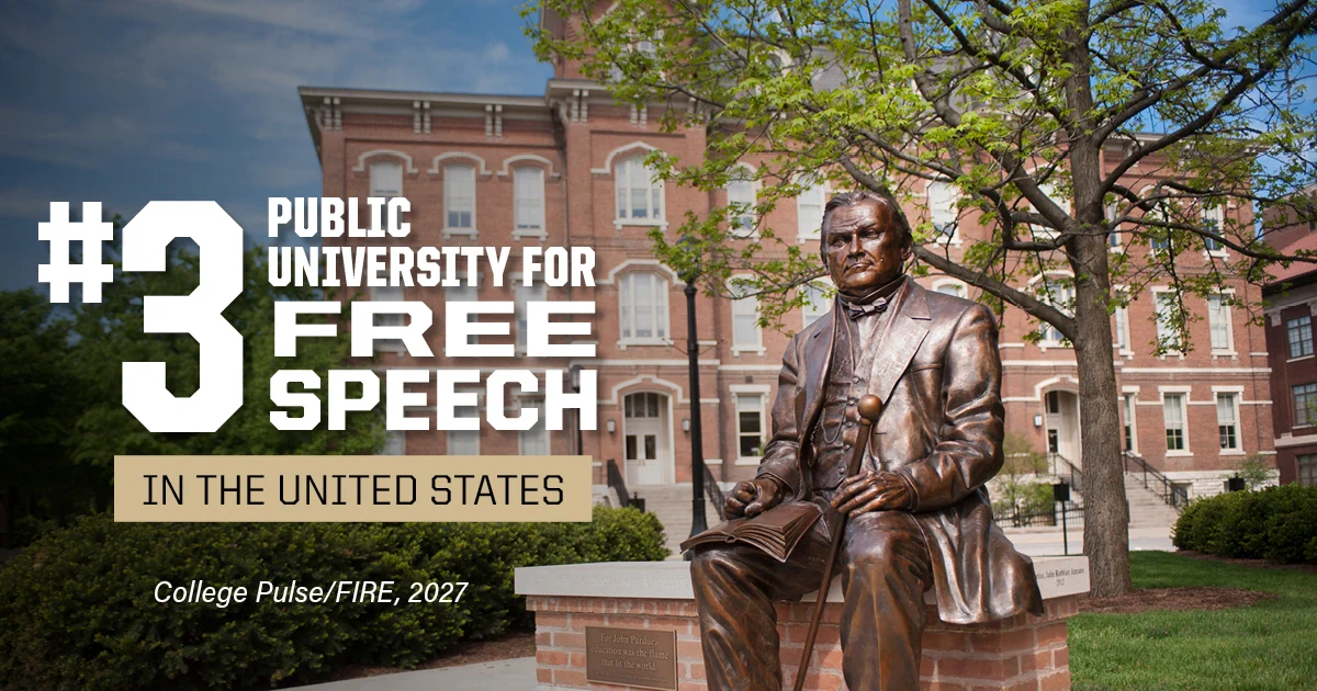 A John Purdue statue sits prominently in front of a brick university building surrounded by greenery. Text on the image reads: "#3 Public University for Free Speech in the United States." Below, it states "College Pulse/FIRE, 2027."