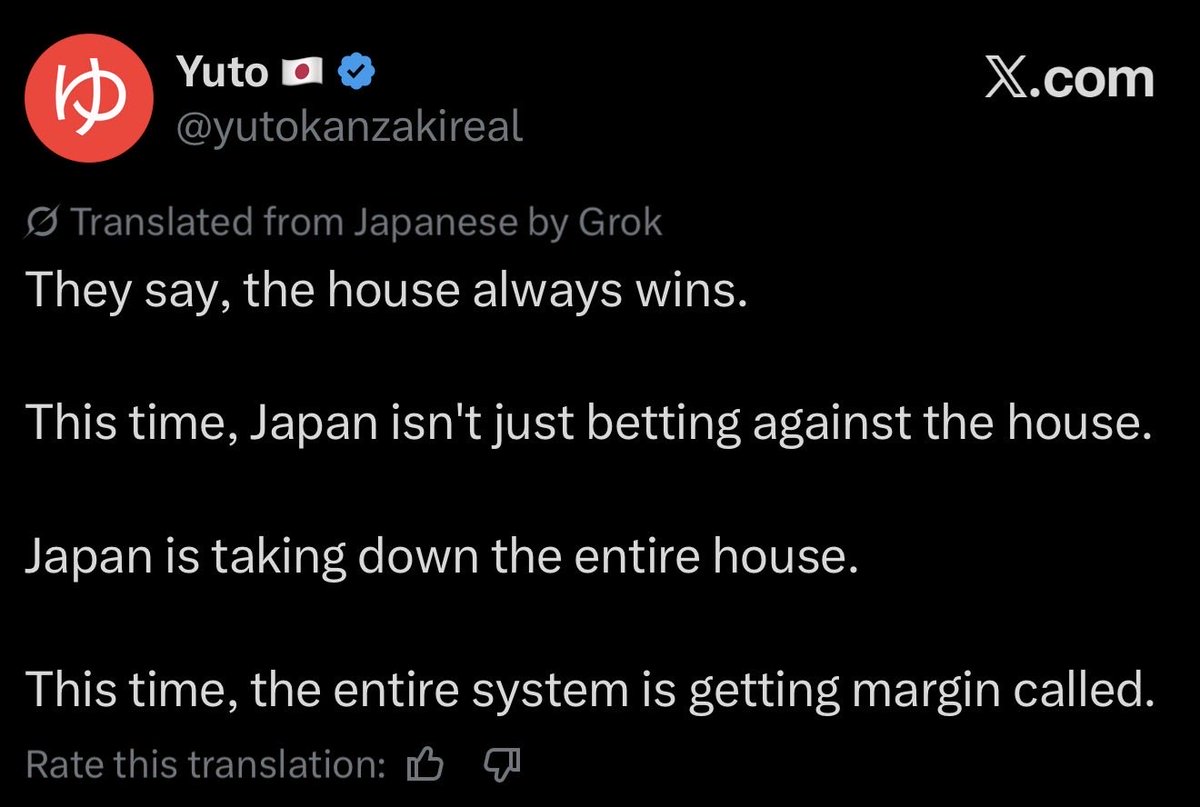 pumpius's tweet photo. 🚨 JAPAN DECLARES WAR ON THE U.S. 🤯

BESSENT SAID “I AM THE HOUSE NOW.”

BoJ Insider YUTO JUST HIT BACK:

“This time Japan is not betting against the house. 
Japan is taking down the entire house.” 😳

Bessent thinks he has the inside info.
The real inside is in Tokyo.
Sept 18 is coming. Carry trade unwind incoming.
The house just met the wrecking crew. 🇯🇵