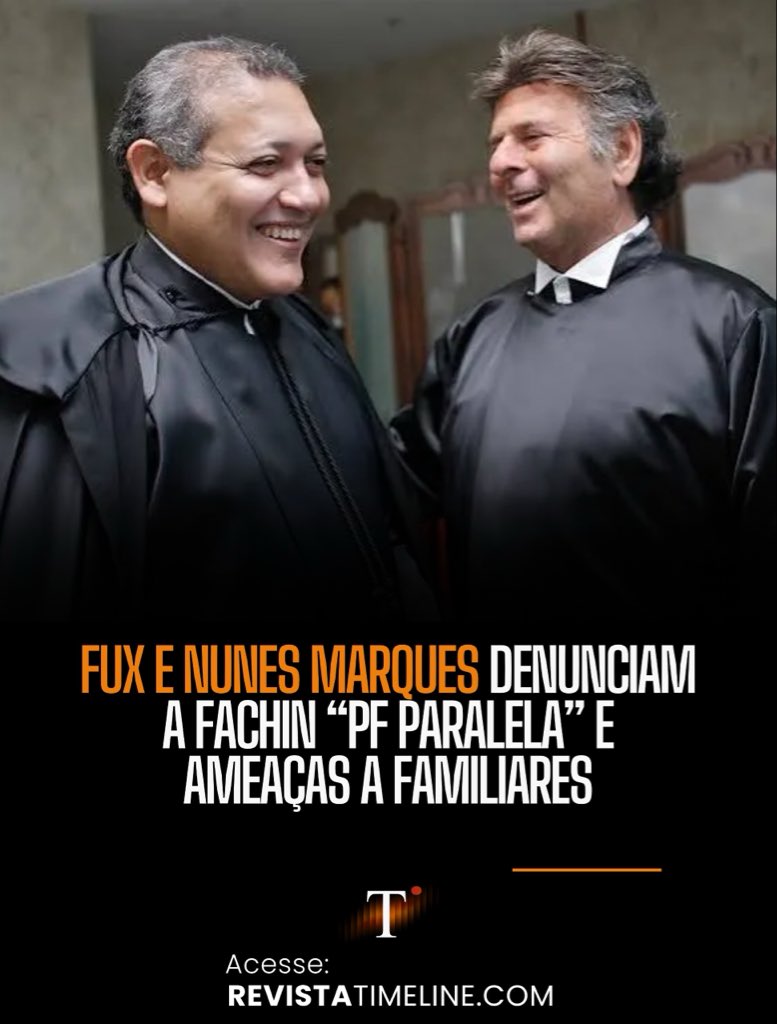 RevistaTL's tweet photo. Os ministros do Supremo Tribunal Federal (STF) Luiz Fux e Nunes Marques reuniram-se em caráter de urgência nesta terça-feira com o presidente da Corte, Edson Fachin, para denunciar o que classificaram como uma “perseguição inadmissível” conduzida por uma estrutura paralela de inteligência da Polícia Federal.

Ambos os magistrados relataram ter recebido recados indiretos de que suas rotinas e as atividades profissionais de seus filhos — que atuam na advocacia privada — seriam alvo de devassas caso manifestassem apoio ao ministro André Mendonça. Além de constarem em relatórios encaminhados pelo ministro Alexandre de Moraes, Fux e Nunes Marques suspeitam que vazamentos recentes à imprensa sobre os escritórios de advocacia de Rodrigo Fux e Kevin de Carvalho Marques tenham sido abastecidos ilegalmente pela corporação.