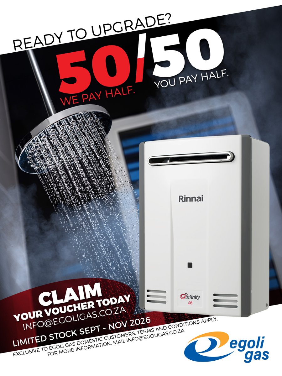 EgoliGas's tweet photo. Hot water, half the hassle. Exclusively for Egoli Gas Customers. 50/50 Rinnai 26lt gas geyser promotion. info@egoligas.co.za , SAGA registered gas practitioner https://t.co/7FVHhPAZFx
#EgoliGas #PipedGas #RinnaiGeyser #GasGeyser #HotWaterOnDemand #5050Promo #EnergyEfficiency https://t.co/NHXacy1RzL