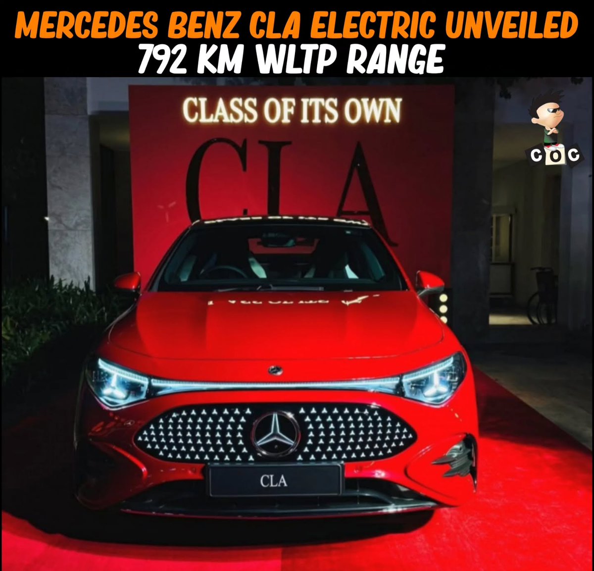 SharanPost8x's tweet photo. Mercedes-Benz CLA electric car unveiled in India. It features an 85. 5 kWh battery, a rear-mounted motor producing 272 bhp, and a range of up to 792 km. https://t.co/wrMuDTjK95