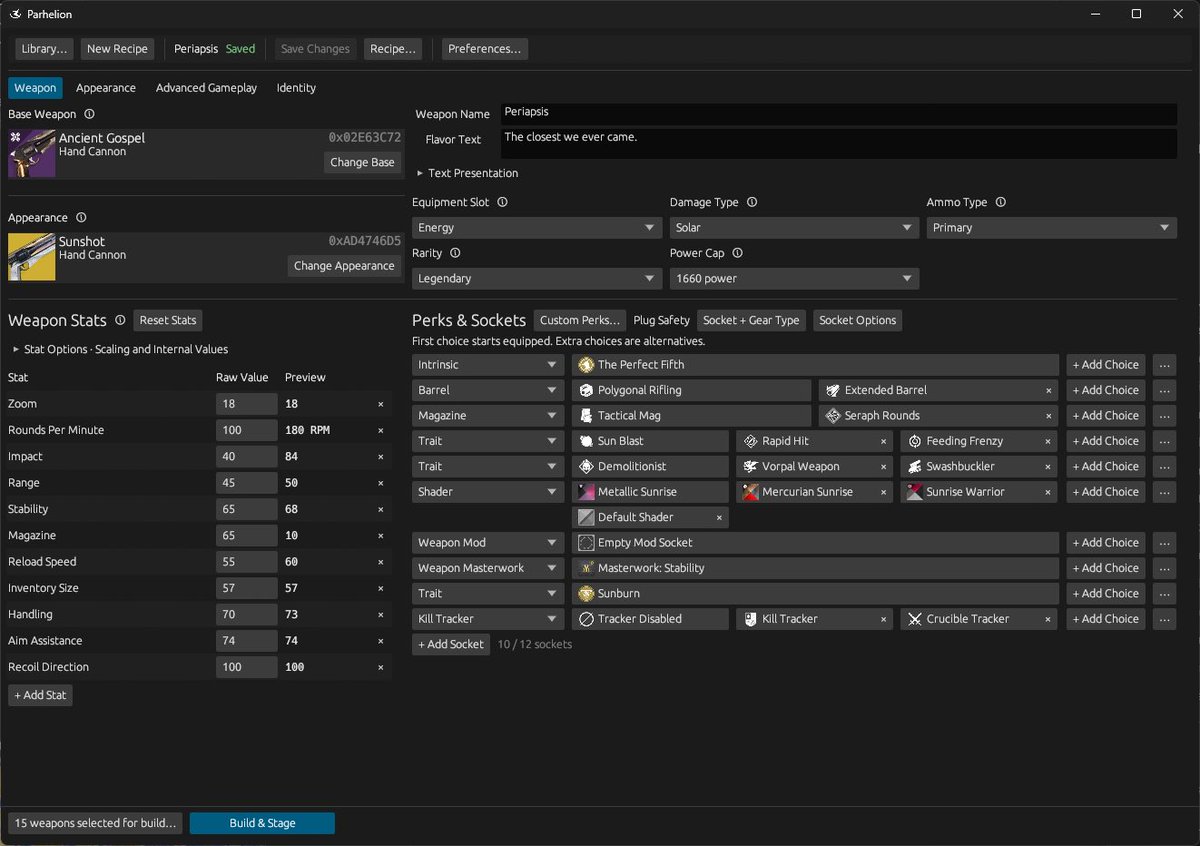 KyleThmpsn's tweet photo. Sundial v0.4 for #ProjectSunrise is out! ☀️

introducing Parhelion: author investment packages to add new weapons! mix weapon types, perks, stats + appearance. add sockets, change ammo type + slot, and share your recipes.

let’s see what you make!

https://t.co/SRHvFn5FFk

#Destiny2