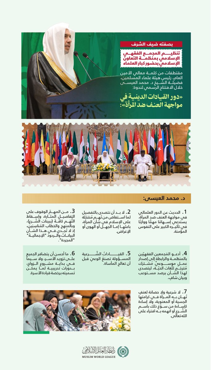 MWLOrg's tweet photo. مقتطفاتٌ من كلمة معالي الأمين العام، رئيس هيئة علماء المسلمين، فضيلة الشيخ د. #محمد_العيسى @MhmdAlissa، "بصفته ضيف الشرف" في افتتاح الندوة الدولية "دور القيادات الدينية في مواجهة العنف ضد المرأة"، بتنظيم مجمع الفقه الإسلامي الدولي بمنظمة التعاون الإسلامي: https://t.co/xqENQkGQLd