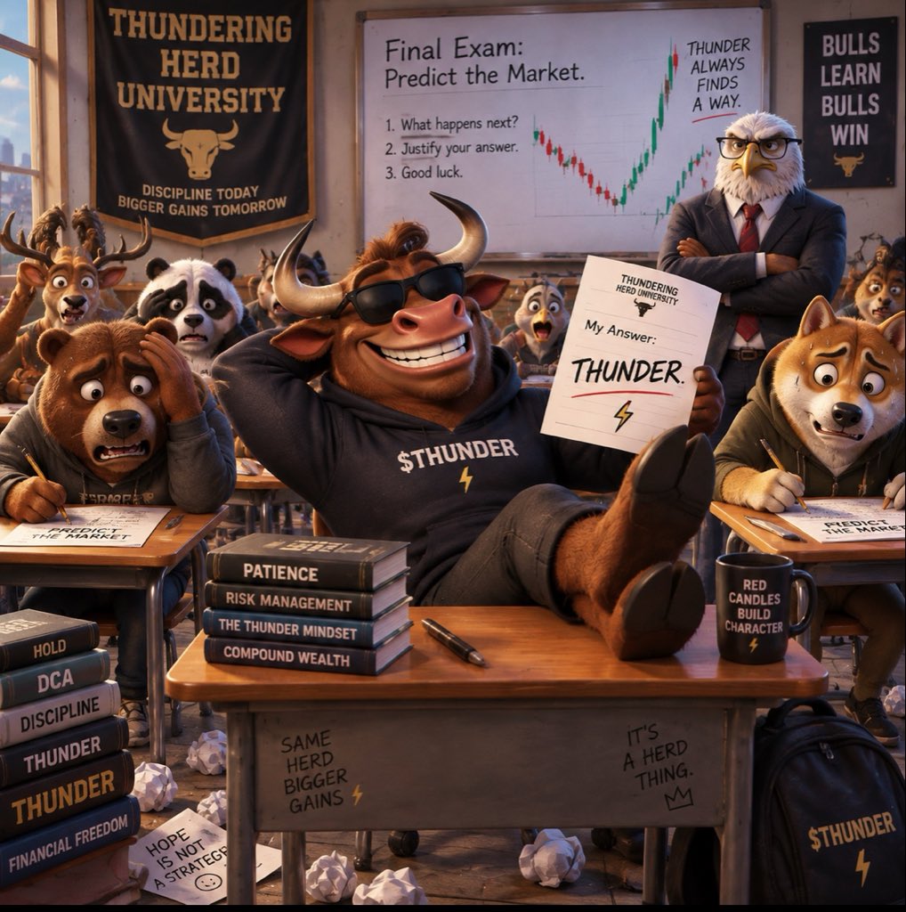Bigname1010's tweet photo. FINAL EXAM: Predict the market. 📝🐂

Everyone is searching for the answer…
The herd already knows. ⚡

Answer: THUNDER.  @TheThunderHerd

My entry for the $THUNDER meme challenge 

#THUNDER https://t.co/JtMVsnVXrV