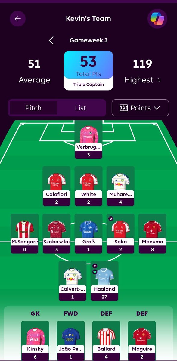 FplBolo's tweet photo. Managed 53 points on my triple captain in Gw3 https://t.co/mteKrhXsgm