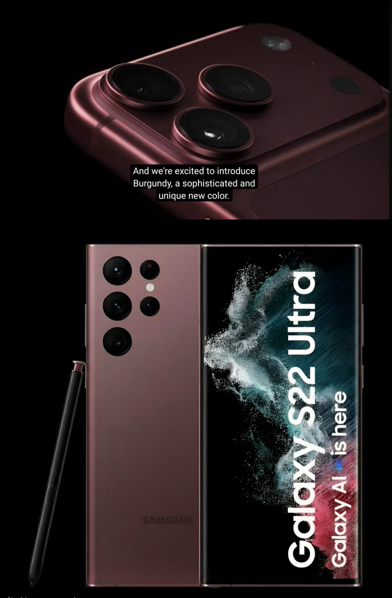 smasithick's tweet photo. Apple: “We’re excited to introduce Burgundy, a sophisticated and unique new color.” 🍷✨

Galaxy S22 Ultra users: 👁️👁️

Samsung had Burgundy on the Galaxy S22 Ultra 4 years ago. 😂

Apple really said: Let’s call it new. 💀 https://t.co/hYHHaLN10P