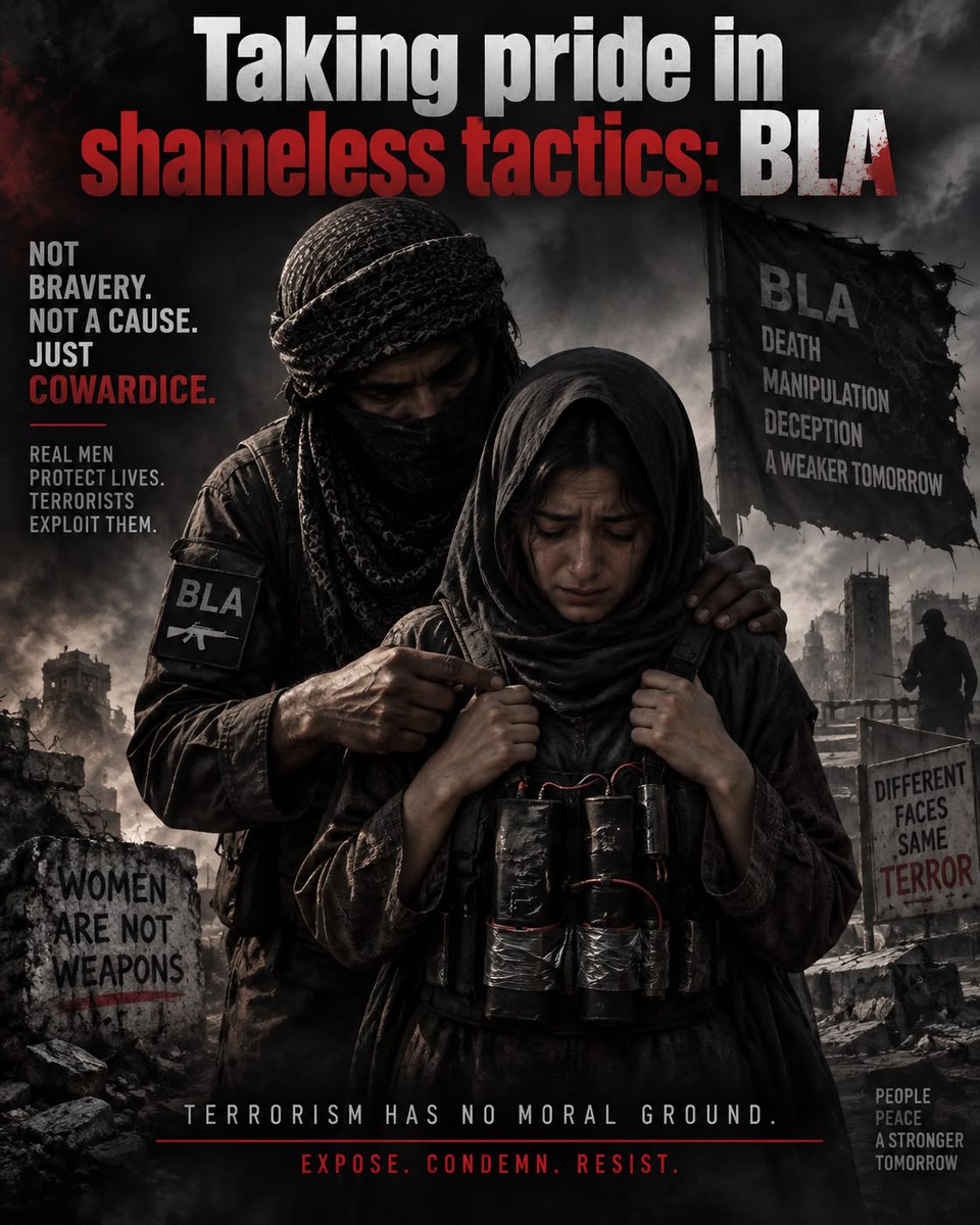 AnjumAra1285380's tweet photo. Using women as shields and suicide bombers reveals the absolute desperation and moral decay of BLA terrorists. Exploiting innocent lives brings only destruction, not rights. Balochistan rejects BLA’s violent proxy agenda in favor of peace & progress.
#RejectTerrorism
#Balochistan https://t.co/gHTcfjSOda
