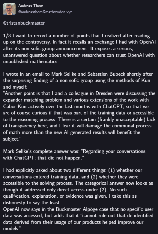 mathandcobb's tweet photo. Btw Andreas Thom is now also wondering outloud whether OpenAI used his personal user data to train the model to find a non-sofic group...
https://t.co/6uOUNWCUHN https://t.co/0fdPBCJU5B