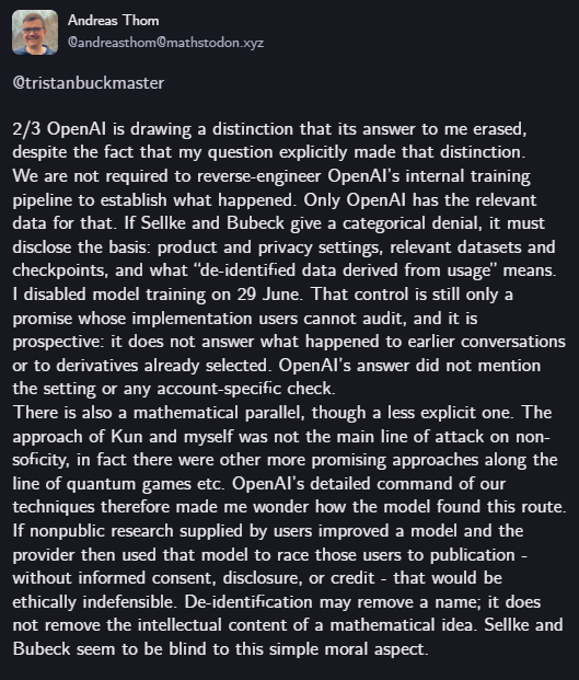 mathandcobb's tweet photo. Btw Andreas Thom is now also wondering outloud whether OpenAI used his personal user data to train the model to find a non-sofic group...
https://t.co/6uOUNWCUHN https://t.co/0fdPBCJU5B