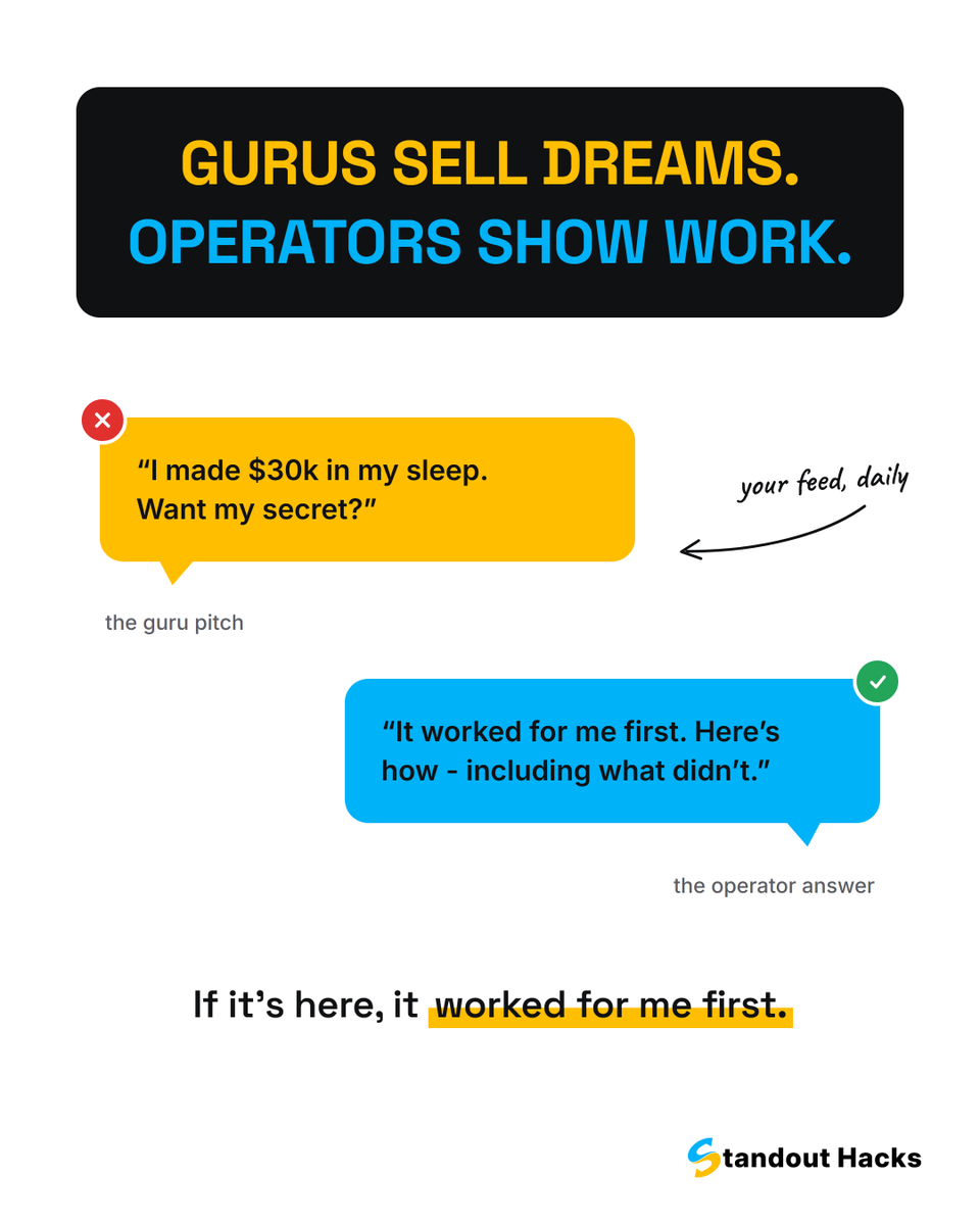 standouthacks's tweet photo. A pitch landed in my inbox:

“I made $30k in my sleep. Want my secret?”

I’ve bought that shortcut before.

I got recycled advice, a locked community, and an upsell on day three.

My filter now:

Do they show the work or sell the dream?

If it’s on my page, it worked for me first https://t.co/RXoQ8zcCEZ