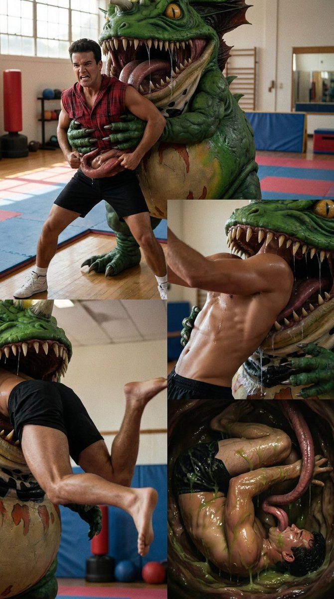shalnarky1's tweet photo. Just when they thought they'd killed the Terror Toad, Jason was unaware it had revived and targeted him. It sneaked into the gym while he practiced, grabbed him before he could transform, pinned his arms, stripped away his shirt, and swallowed him whole (17) #terrortoad #vore https://t.co/8X0KU5UEiI