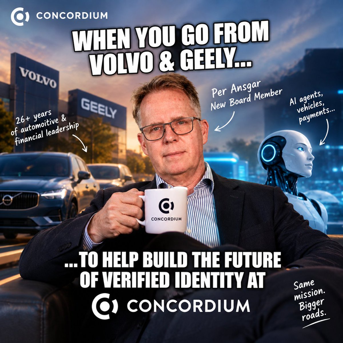 oBiTo1nn's tweet photo. From Volvo & Geely to Concordium.

Per Ansgar is joining the Concordium Foundation Board bringing 26+ years of automotive and financial leadership into the world of verified digital identity.

And honestly… the timing couldn’t be better.

As AI agents and autonomous vehicles start making decisions and payments on their own, one question becomes critical:

Who authorized it and who is accountable?

That’s where verifiable identity comes in.

The road from cars → autonomous machines → AI agents → machine payments is getting real.

And Concordium wants to build the identity layer behind it.

Same mission. Bigger roads.