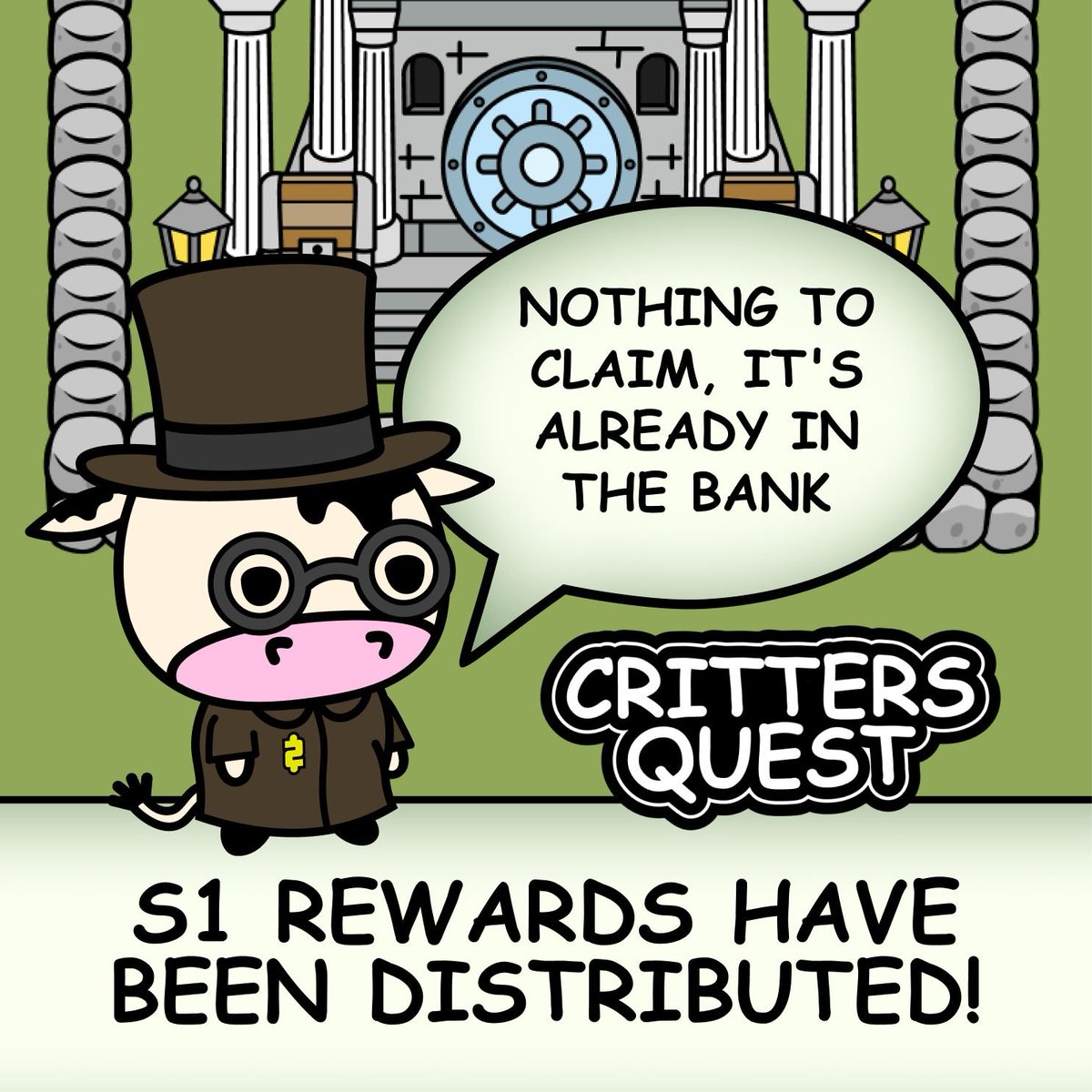 crittersquest's tweet photo. Season 1 rewards have been distributed to every player's town bank.

Nothing to claim, it's already there.

Congratulations to everyone who played. Season 2 starts in two weeks, and it brings the World Bank into play. https://t.co/Z76dqhQkL8