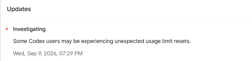 NiCExBoNe's tweet photo. @navin4501 @thsottiaux Investigating unexpected usage limit resets - OpenAI Status https://t.co/jlSdhESPkh