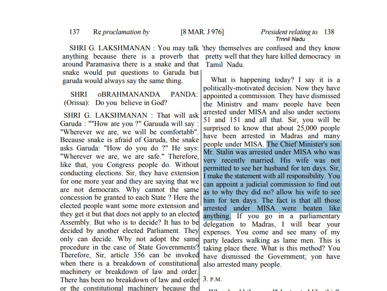 Sadistanner's tweet photo. Emergency was initiated by Indira Gandhi’s Congress party. The president of congress party acknowledged the arrest of Stalin in Rajya Sabha in March 1976 during the debate about MISA arrests. He said ‘ I know Stalin myself and we treated him (Stalin) well’. The one who said Stalin treated fairly under MISA in Rajya Sabha was Brahmanda Reddy. MP from Andhra. He was President of the Indian National Congress at that time.. He acknowledged Stalin’s MISA arrest in Rajya Sabha the house of Indian parliament. It’s documented.

DMK MP Lakshmanan in Rajya Sabha: Stalin was arrested under MISA who was recently married. His wife was not permitted to meet him for 10 days’. 
All these Rajya Sabha discussions happened on 8 March 1976 is 
in Government of India Rajya Sabha official archives link.
DMK should drag you to courts for the venom you spitted here @TRBRajaa @ptrmadurai @DMKITwing @arivalayam 

I’m showing you the link of GOI. Not some photo. It’s a shame Congress cadre like you vomiting ugly WhatsApp university stories. 
Because of hypocrites like you the congress party is dying the dogs death in TN and losing 3 consecutive times to BJP in union. End is near for your party. 
https://t.co/9FOr0RjGDa…