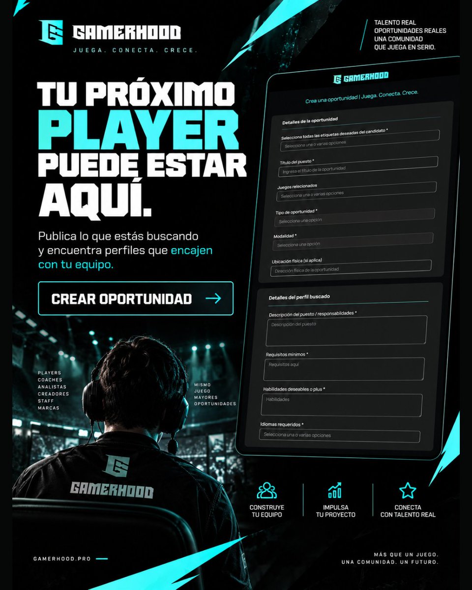 gamerhoodgg's tweet photo. 🔎 ¿Buscas talento para tu equipo?

En Gamerhood puedes publicar una oportunidad, recibir postulaciones, revisar perfiles y experiencia, y contactar a quienes mejor encajen contigo.

🎮 Players, coaches, analistas, creadores y staff.

👉 https://t.co/O7tcZ9kiZq https://t.co/GuT04uO5k3