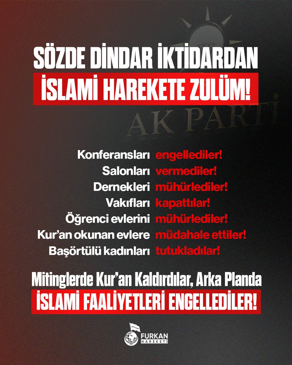 fhengellenemezz's tweet photo. SÖZDE DİNDAR İKTİDARDAN
İSLAMİ FAALİYETLERE ZULÜM!

Konferansları engellediler!
Salonları vermediler!
Dernekleri mühürlediler! 
Vakıfları kapattılar! 
Öğrenci evlerini mühürlediler! 
Kur’an okunan evlere müdahale ettiler! 
Başörtülü kadınları tutukladılar!

Mitinglerde Kur'an Kaldırdılar, 
Arka Planda İSLAMİ FAALİYETLERİ ENGELLEDİLER!

IslamiHarekete AKPZulmü
#FurkanaSistematikZulüm