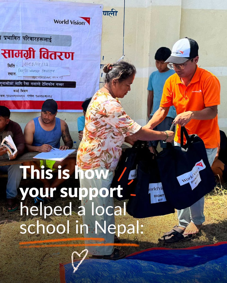 WorldVisionUK's tweet photo. Thank you for standing with children and families in Nepal. 🙏

Our team distributed 64 hygiene kits and 62 dignity kits at a local school, helping families stay safe and healthy. 🧼

Help us reach more families: https://t.co/g0T1a85RAn

#NepalFloods #PrayForNepal https://t.co/nxwKE6Rnmm