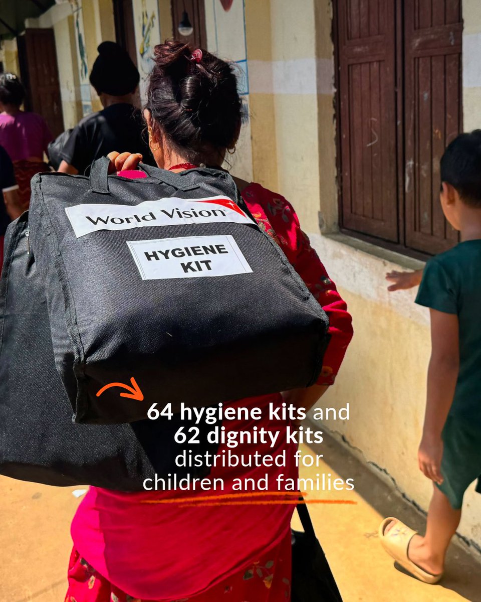 WorldVisionUK's tweet photo. Thank you for standing with children and families in Nepal. 🙏

Our team distributed 64 hygiene kits and 62 dignity kits at a local school, helping families stay safe and healthy. 🧼

Help us reach more families: https://t.co/g0T1a85RAn

#NepalFloods #PrayForNepal https://t.co/nxwKE6Rnmm
