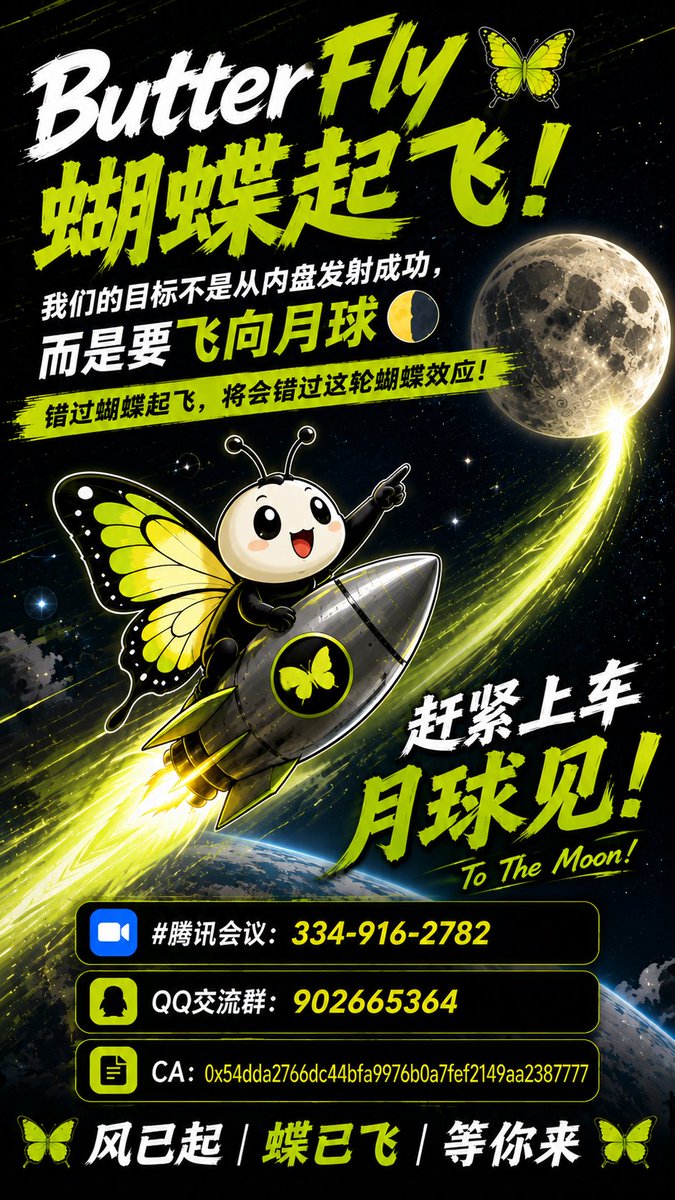 QingFengWeb3's tweet photo. 🦋 ButterFly｜蝴蝶起飞！我们的目标不是从内盘发射成功，而是要飞向月球🌗 错过蝴蝶起飞，将会错过这轮蝴蝶效应！

📍 #腾讯会议：334-916-2782

👥 QQ交流群：902665364

📌 CA：0x54dda2766dc44bfa9976b0a7fef2149aa2387777

🦋 风已起｜蝶已飞｜等你来🦋 https://t.co/MyeMDkGk5T