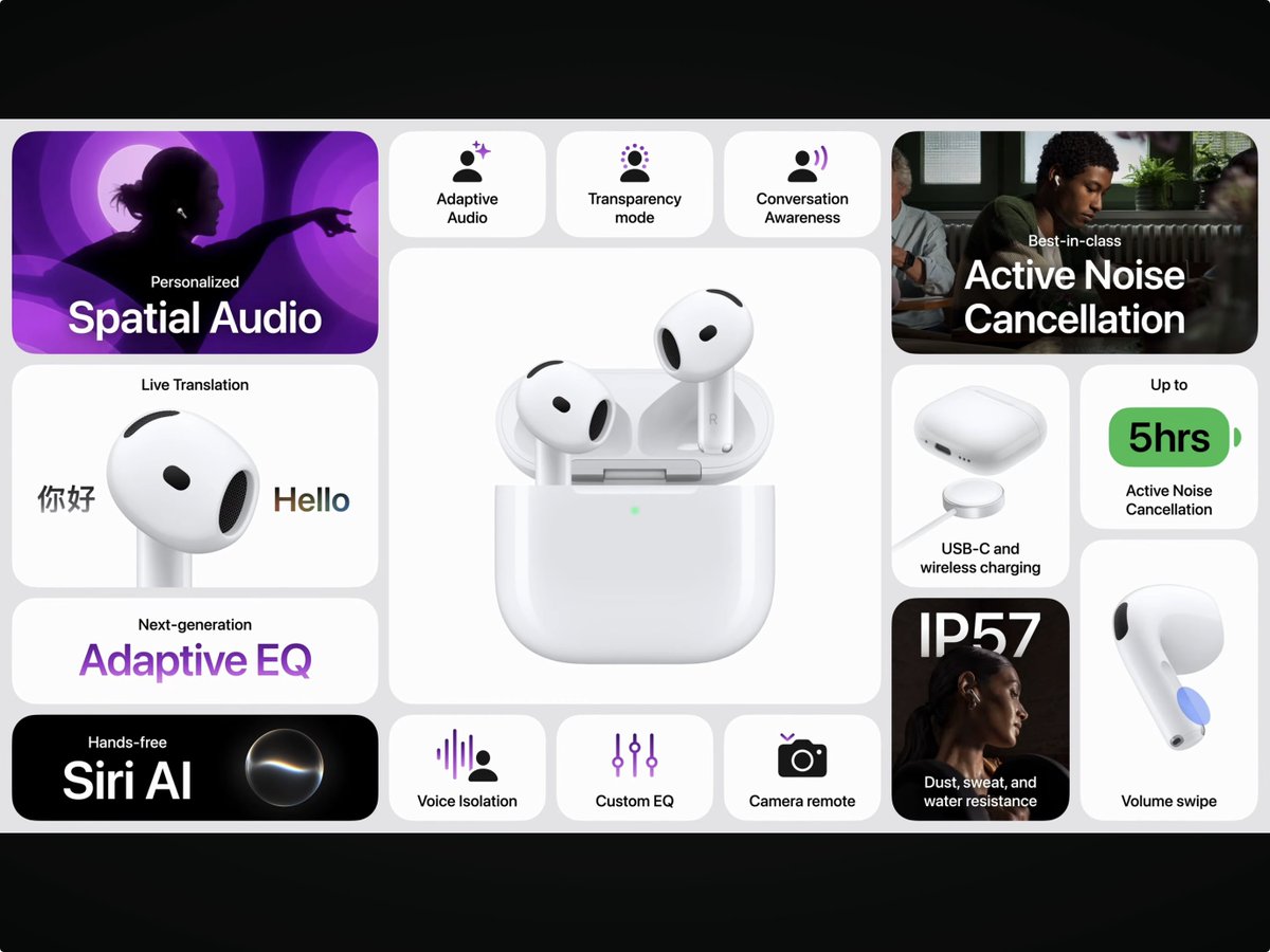 iPadBlog's tweet photo. AirPods  5 – redesigned in the insights – mit ANC. Adaptive Audio. Genial mit Siri. Life Translation. Abb $ 129,- || Weiteres Model: Version mit WIreless Charging Case $ 149,- https://t.co/fTS9Wze3fh