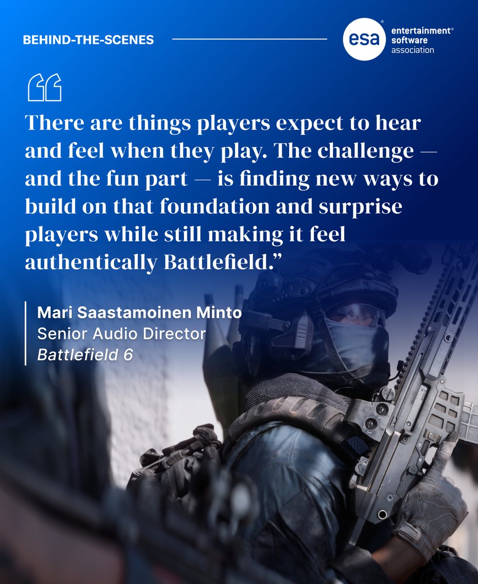 theESA's tweet photo. Great game experiences are built through creative decisions behind the scenes.

@EA's @Battlefield Studios Senior Audio Director Mari Saastamoinen Minto shares how the team approaches audio design in @Battlefield 6 and creates immersive experiences for players.

More: https://t.co/npnKVJQBXx