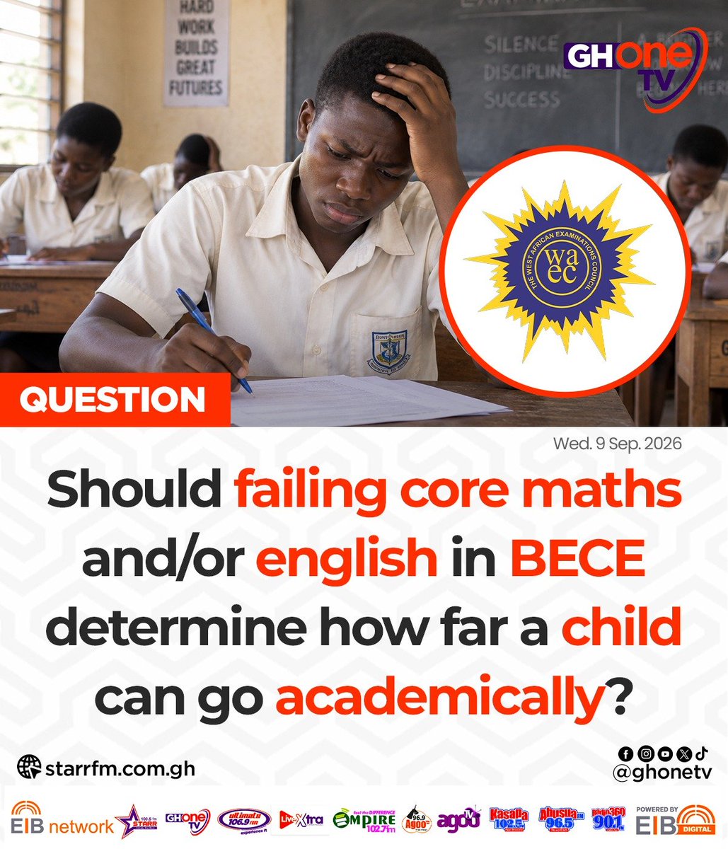 ghonetv's tweet photo. Should failing core maths and/or english in BECE determine how far a child can go academically?...
#EIBNetwork #GHOneTV
#GHOneNews #NewsAlert https://t.co/Svsr2lZS0s