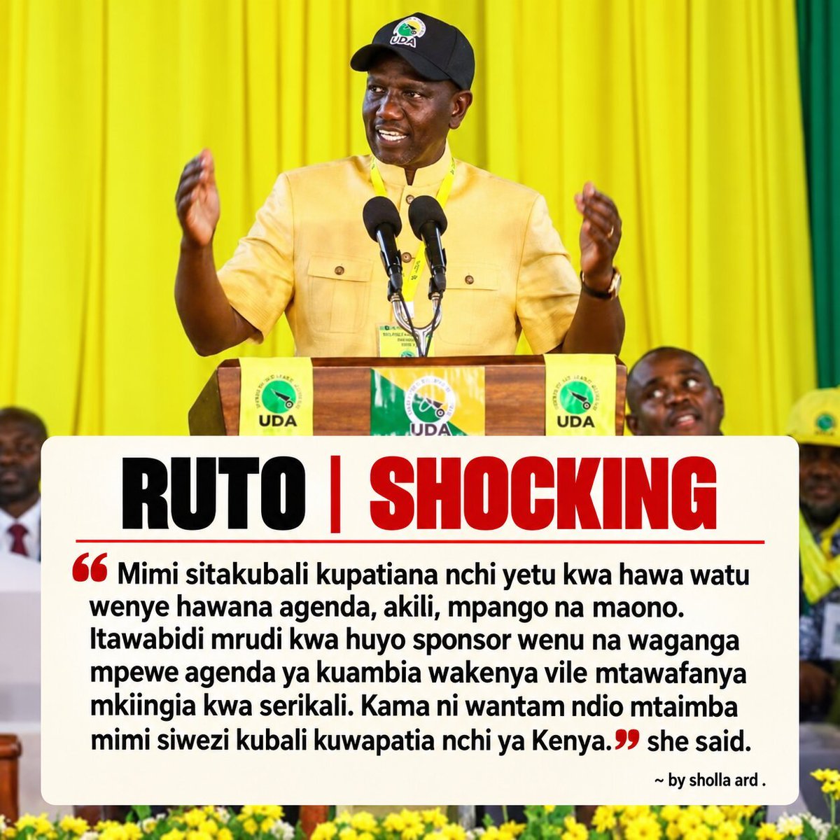 sholard_mancity's tweet photo. Ruto has said : “Sitakubali kuwapatia nchi ya Kenya.”

He should remember the Constitution: Sovereign power belongs to the people. Not to the man in State House.

A president does not “give” Kenya to anyone. Kenyans elect. Kenyans remove.

This is not toughness. It is the talk of a man who thinks the country is his to withhold. And he will not believe