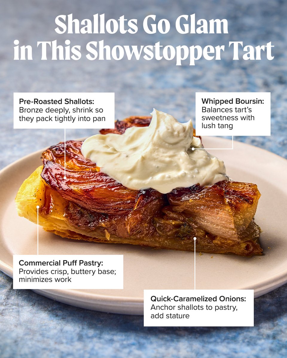 TestKitchen's tweet photo. Roasted shallots, caramelized onions, and crisp, buttery pastry come together in this elegant savory upside-down tart. Rich and deeply flavorful, it’s perfect for a special occasion. https://t.co/SUWFQxHYvx https://t.co/f2S9asBSr9