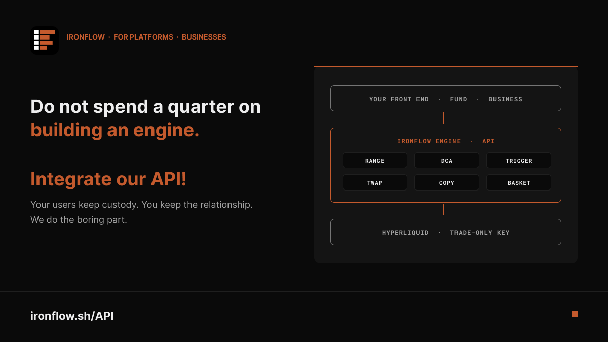 ironflowsh's tweet photo. If you are a founder, a fund, or a business, you probably don't want to spend a quarter building an execution and automation engine.

Ours is live!
Ranges, dip-ladder DCA, triggers, TWAP, copy, basket trading, all on a trade-only key.

Your users keep custody. You keep the relationship. 
We do the boring part.