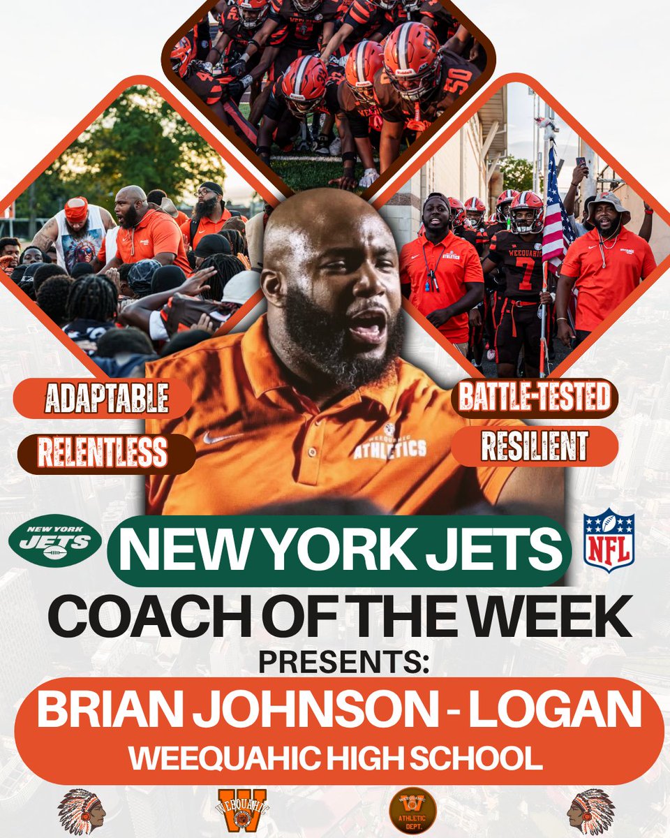 WeequahicHSFB's tweet photo. First win. First honor. 🟠🟤

Congratulations to Head Coach Brian Johnson-Logan on being named the New York Jets Coach of the Week following his first career win as a Head Coach!

Adaptable. Relentless. Battle Tested. Resilient.

The Johnson-Logan era is underway. https://t.co/Cc4NAmG0K8