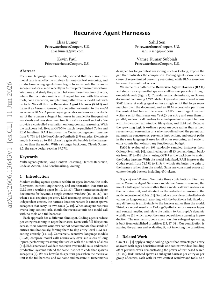 0xSumplex's tweet photo. This paper is f*cking insane.

Prompt Engineering just got replaced by Harness Engineering.

A new 7-page paper held GPT-5 fixed and changed only the system around it:

Codex agent → 71.75%

Recursive Agent Harness → 81.36%

No larger model.

No fine-tuning.

A parent agent writes code that spawns full sub-agent harnesses in parallel.

Each gets its own context, filesystem, tools, and planning loop.

The authors tested it on 199 tasks with contexts reaching 4M tokens.

With Claude Sonnet 4.5, the same harness reaches 89.77%.

The model is no longer the whole system.

The harness around it is.

Bookmark this, then read the full Harness Engineering guide below ↓