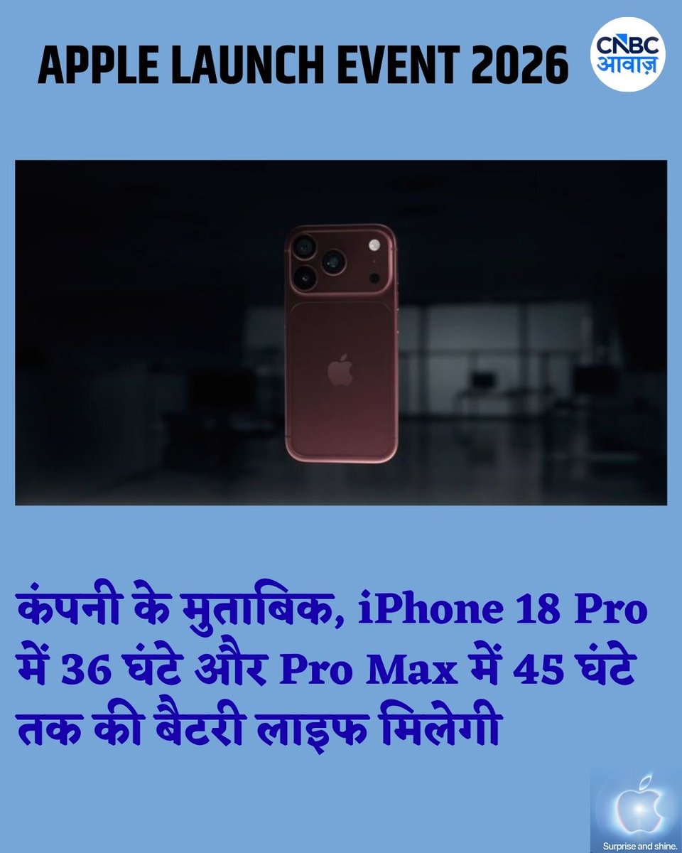 CNBC_Awaaz's tweet photo. Apple के मुताबिक, iPhone 18 Pro में 36 घंटे और Pro Max में 45 घंटे तक की बैटरी लाइफ मिलेगी.
#AppleEvent #iPhone18Pro #iPhoneLaunchEvent #iPhone https://t.co/658sH9zJQN