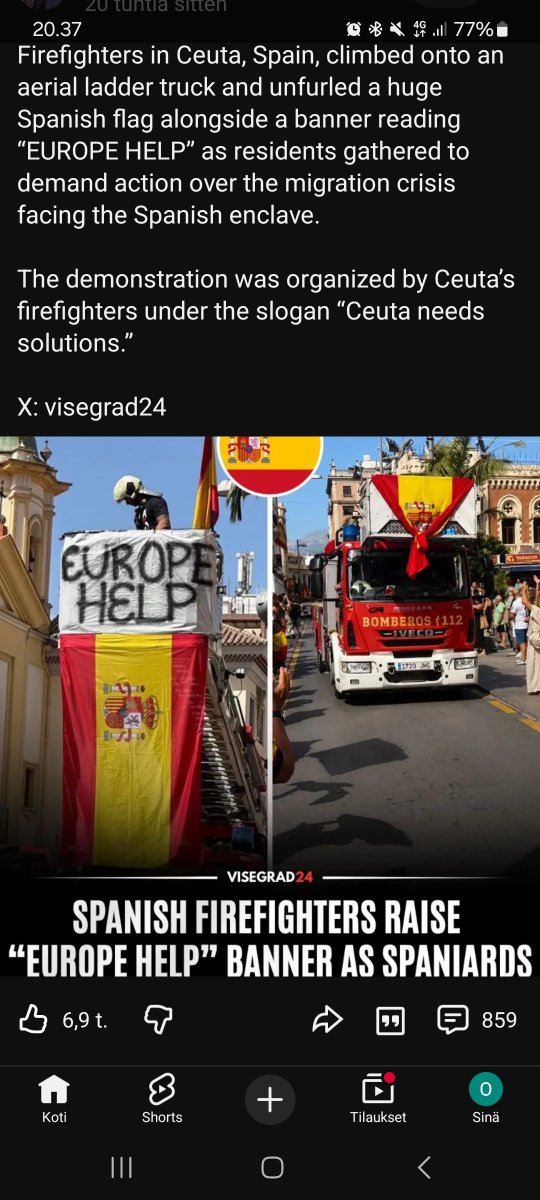 OYliaho1558's tweet photo. Ceuta on edelleen sekasin muslimiinvaasion johdosta.
 Kysymys kuuluu miten palohenkilössä voi työskennellä äärioikeistolaisia, jotka pitää yllä yleistä turvallisuutta ja vaarantavat henkensä viikoittain työtehtävien ohessa. 
Viesti on rasistinen ja on omiaan lietsomaan vihaa https://t.co/eI8E2GOctl