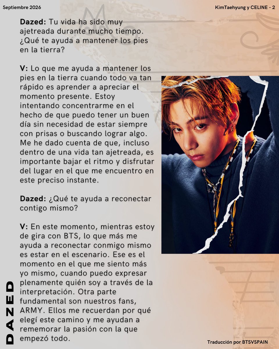 BTSVSpain's tweet photo. Kim Taehyung será la portada de la edición de otoño 2026 de Dazed US!! 🔥 

A continuación os dejamos en este hilo la entrevista traducida al español junto con las fotografías donde podemos verle luciendo prendas de CELINE 🥰

Para comprar https://t.co/n2I6kLl2De
IG https://t.co/Mfq7weqXF4
IG https://t.co/5yPBRijbzA
IG https://t.co/V92ppOy8sd
IG https://t.co/h6z1lGQavH
Web con el artículo completo en inglés https://t.co/q2uFWCgNHz

TAEHYUNG FOR DAZED
V FOR DAZED
#TaehyungxDazed
#VxDazed
#VxCeline