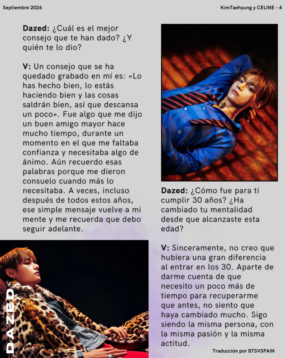 BTSVSpain's tweet photo. Kim Taehyung será la portada de la edición de otoño 2026 de Dazed US!! 🔥 

A continuación os dejamos en este hilo la entrevista traducida al español junto con las fotografías donde podemos verle luciendo prendas de CELINE 🥰

Para comprar https://t.co/n2I6kLl2De
IG https://t.co/Mfq7weqXF4
IG https://t.co/5yPBRijbzA
IG https://t.co/V92ppOy8sd
IG https://t.co/h6z1lGQavH
Web con el artículo completo en inglés https://t.co/q2uFWCgNHz

TAEHYUNG FOR DAZED
V FOR DAZED
#TaehyungxDazed
#VxDazed
#VxCeline
