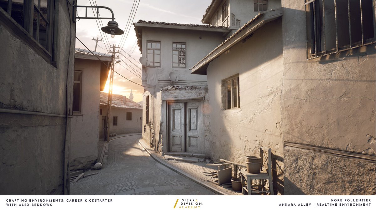 sierra_division's tweet photo. Beautiful work by our student Nore Pollentier!

Her project is inspired by a real-life street in Ankara, Turkey, which she recreated as a real-time environment in Unreal Engine. With @BeddowsDesign 's guidance, she was able to improver her skills in material creation, modularity, and sculpting.

Alex only had great things to say about Nore: Nore is one of the most intuitive and receptive artists I have mentored. Her ability to take implicit feedback and apply the ideas broadly across her scene paid off in terms of her turn around time. An exceptional artist any studio would be lucky to have.

Great work Nore!

Software used:
Unreal Engine, Blender, ZBrush, Substance Painter, Substance Designer