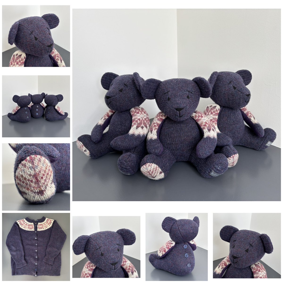 BurraBears's tweet photo. Burra Bear commissions:
a family of three Bura Bears made from a favourite Fair Isle yoke cardigan in memory of a dear Mam and Granny, much loved and very sadly missed 
#burrabears #shetland https://t.co/T42jdcMC4X