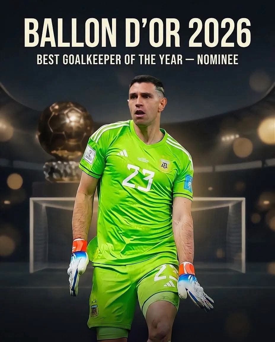 ScorelineIndia's tweet photo. 🚨 BREAKING: Emiliano Martínez nominated! 🏆

🧤The Argentine shot-stopper has been officially shortlisted for Best Goalkeeper of the Year at the Ballon d’Or 2026. 🇦🇷

🏆 BALLON D’OR NOMINEE.

#BallonDor2026 #EmilianoMartinez #BestGoalkeeper #Argentina #Football https://t.co/zVETRDXza6
