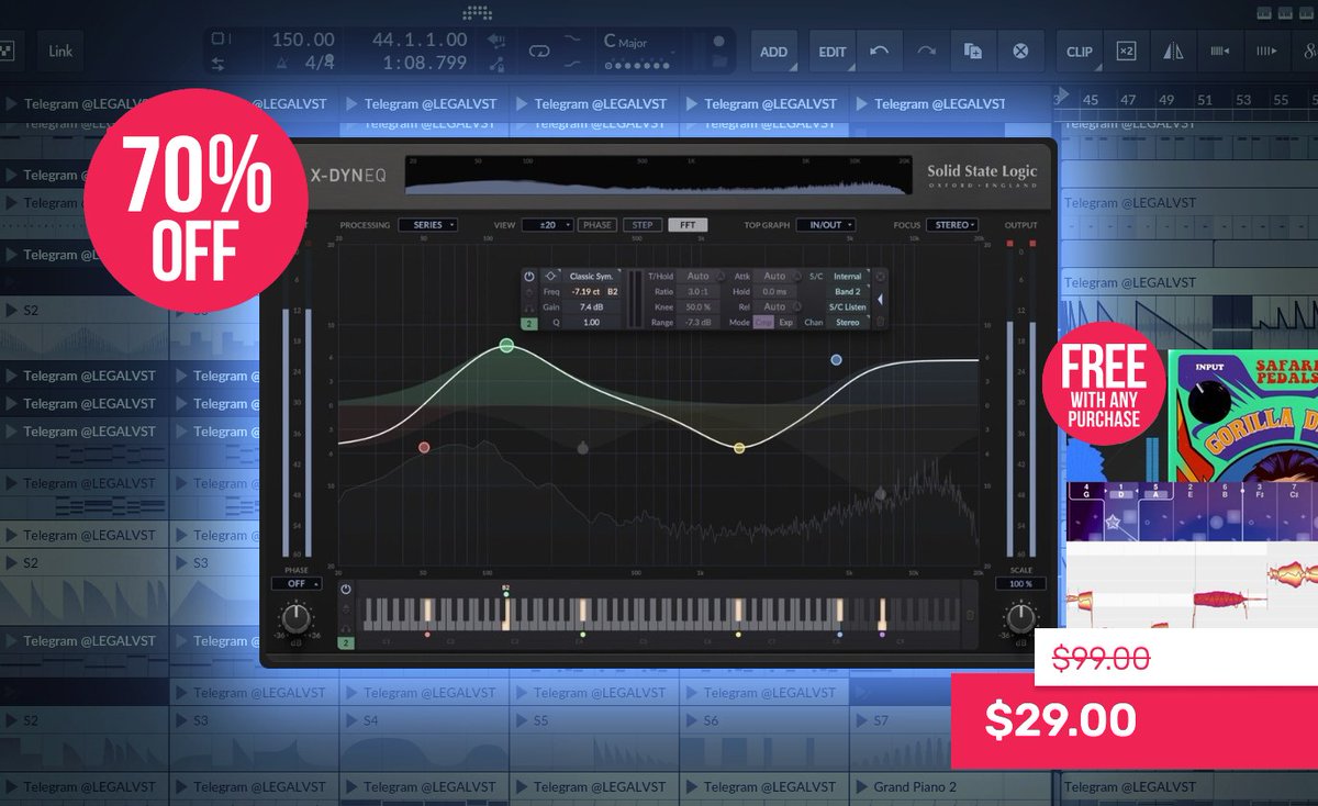 LEGAL_VST's tweet photo. SSL X-DynEQ ποΈ
24-band dyn EQ, 20 types, auto attack/release, notch/bandpass/tilt filters, stereo processing, piano roll view.
π» Mac/Win (AU/VST/VST3/AAX)
π° $29 (reg. $99) until Sep 13
π https://t.co/RIZ6hNZveQ
#EQplugin #Dynamics #SSL #MusicProduction #MixingMastering https://t.co/broiIeRizm