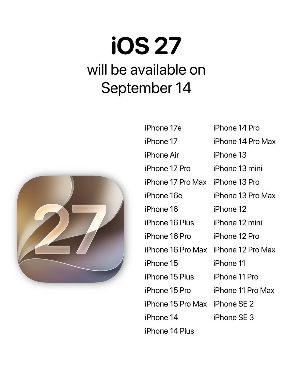 theapplehub's tweet photo. iOS 27 will be available on Monday, September 14 for supported iPhones 🚨 https://t.co/Nr5ABkaBaL