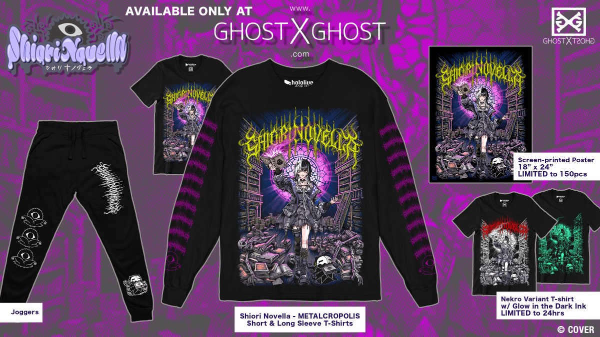 GhostXGhostTW's tweet photo. Preorders for our @shiorinovella  METALCROPOLIS Collection are LIVE! NEKRO Variant preorders run for 24 HOURS ONLY! Preorders for everything else run until Friday, October 2nd at NOON PT. 

https://t.co/nqJiyCgurT

Illustration by @Cokiskuldiners 

Logo by Christophe Szpajdel

@hololive_En 
#Novelites