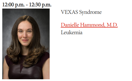 Lisa_Palacios's tweet photo. Friday, Sept 11
At #SOHO2026, @danielleHammo20 breaks down #VEXAS Syndrome—an emerging hematologic and inflammatory disorder with rapidly evolving research and treatment approaches. @UTMDAnderson Booth #110
🔗 Schedule: https://t.co/kqcJ9cepEs    @SocietyofHemOnc https://t.co/BzEL9Wllqf