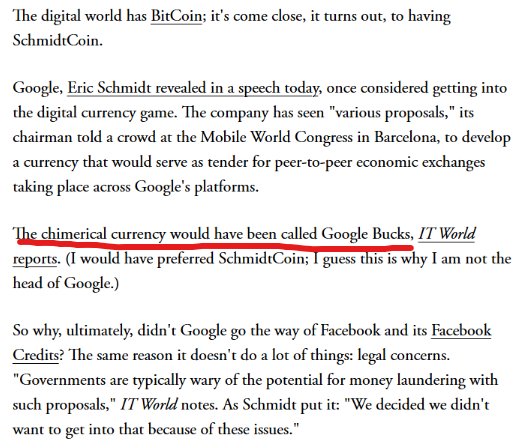 TexasTDunc's tweet photo. Holyshit i just found an og website which says Google was actually considering launching their own crypto coin.

Unlike goobles that was a fake currency, this is a REAL currency.

They were going to call it 'Google Bucks'

They even have a pic of the currency on the article.

https://t.co/sLPPYEe9eP

G , Google Bucks

another site for proof

https://t.co/zPJ8RFXfHi