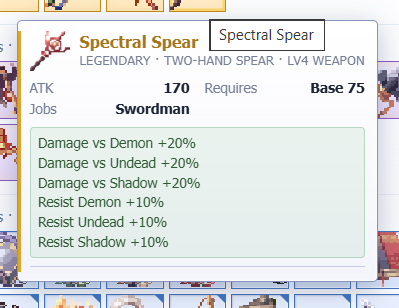 Ginaoix's tweet photo. The Spectral Spear is a fascinating weapon in @IdleROGame, combining high attack with specialized bonuses against Demons, Undead, and Shadows. I’m excited to see how effective this weapon can be in different battles! #IdleRO https://t.co/V7cm8MbNGy