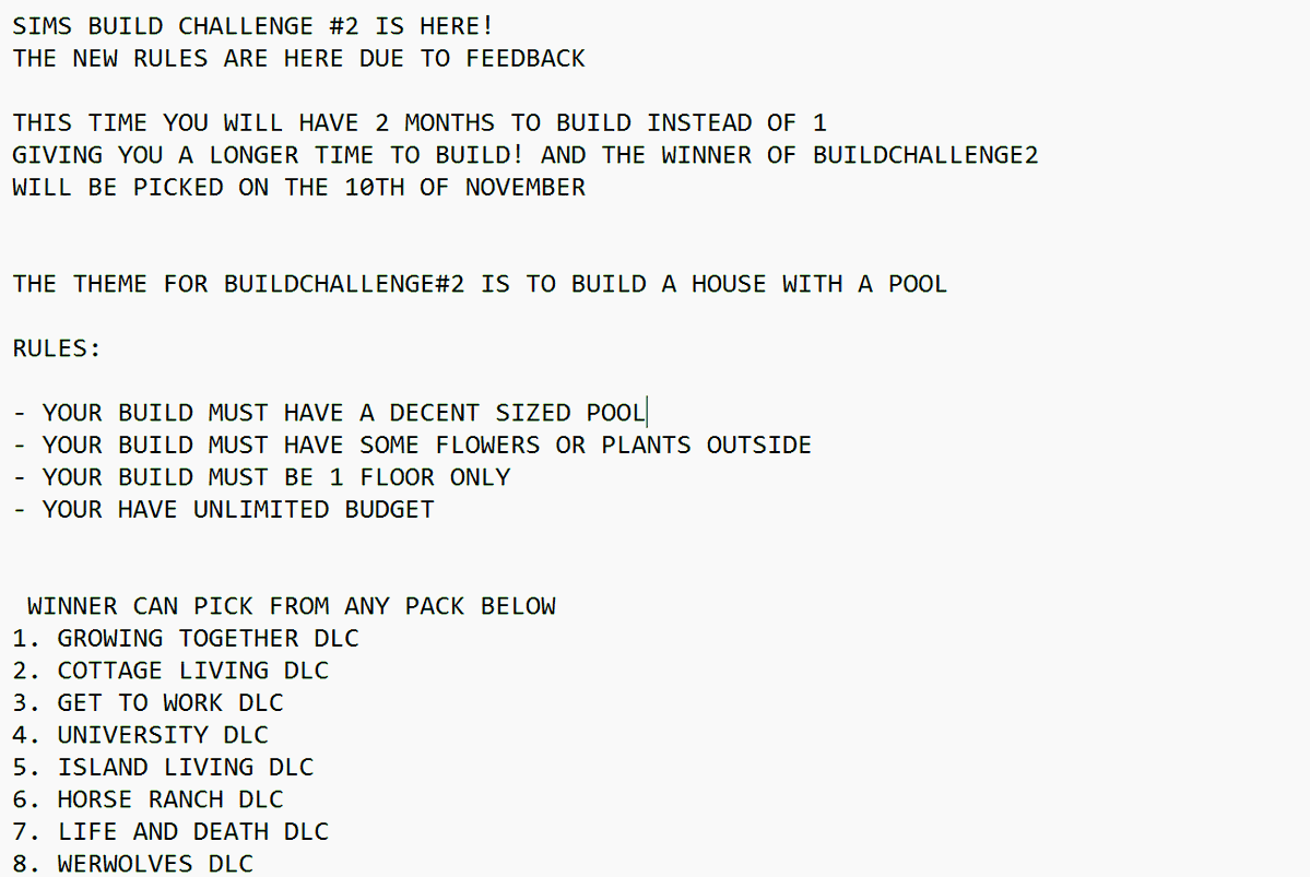 KnifedByKang's tweet photo. THE LAST SIMS BUILD CHALLENGE IS HERE!
#SIMS #SIMS4 #BUILDCHALLENGE
DUE TO ENTRIES THIS IS THE LAST SIMS BUILD
RULES BELOW:
1. ONCE YOUR BUILD IS COMPLETE UPLOAD TO THE GALLERY WITH #ROOSLASTBUILD
2, POST IT UNDER HERE WITH YOUR SIMS ID AND PACK YOUR ENTERING FOR
#SIMMER https://t.co/ku4vnblm0Q