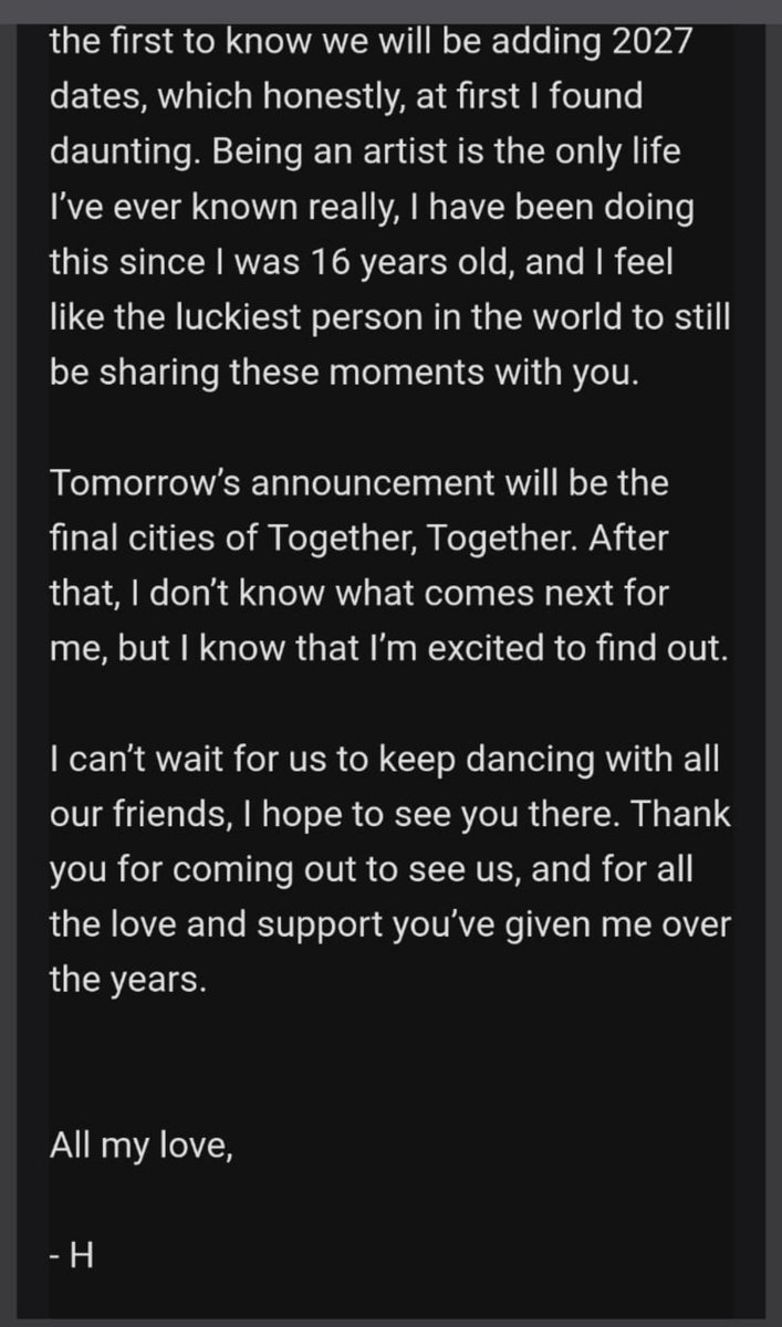 HarryMexOficial's tweet photo. Harry está mandando correos a fans sobre el tour del 2027!

“Hola.

Cuando decidimos hacer la gira de 2026, sabía que sería especial, pero lo que tú convertiste en algo así fue mucho más allá de lo que podría haber imaginado. Me encanta cantar, me encanta estar con todos (+) https://t.co/rgUOtIBDby