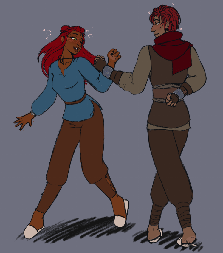 GirlofCrows's tweet photo. These two dummies🖤♥️
PC Noah and the NPC the group picked up, Ismat.  Noah got anti-magic cuffs put on him cuz he did a no no where they are, but he ended up getting distracted by their tag along who was drunk and bubbly. They danced til he tucked her in bed. https://t.co/HbKfaLVVj2