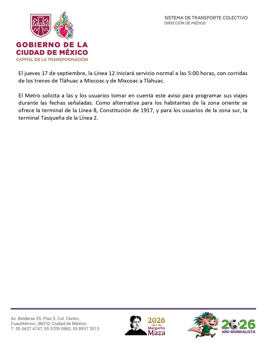 MetroCDMX's tweet photo. El Metro informa que del 12 al 16 de septiembre, la Línea 12 funcionará únicamente de la estación Mixcoac a la estación San Andrés Tomatlán y viceversa. https://t.co/WVU6kiYUGl
